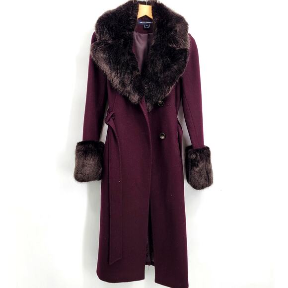 French Connection Jackets & Blazers - French Connection XS Fur Coat Collar Single Breasted Midi Maxi Purple Wine